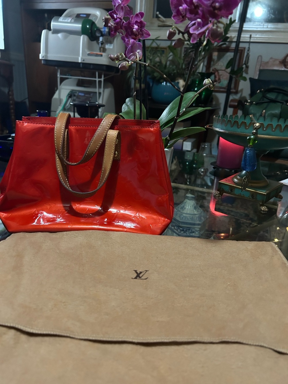 Louis Vuitton Shiny Red Patent Tote with Tan Leather Handles